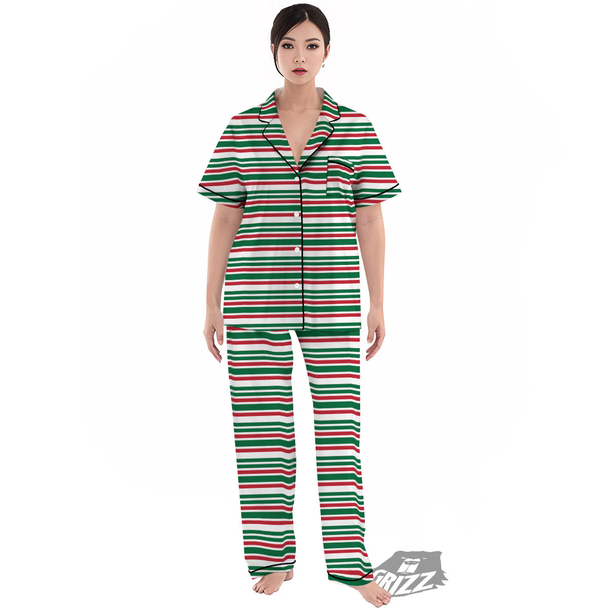 Stripe Candy Cane Print Pattern Women's Pajamas Set-grizzshop
