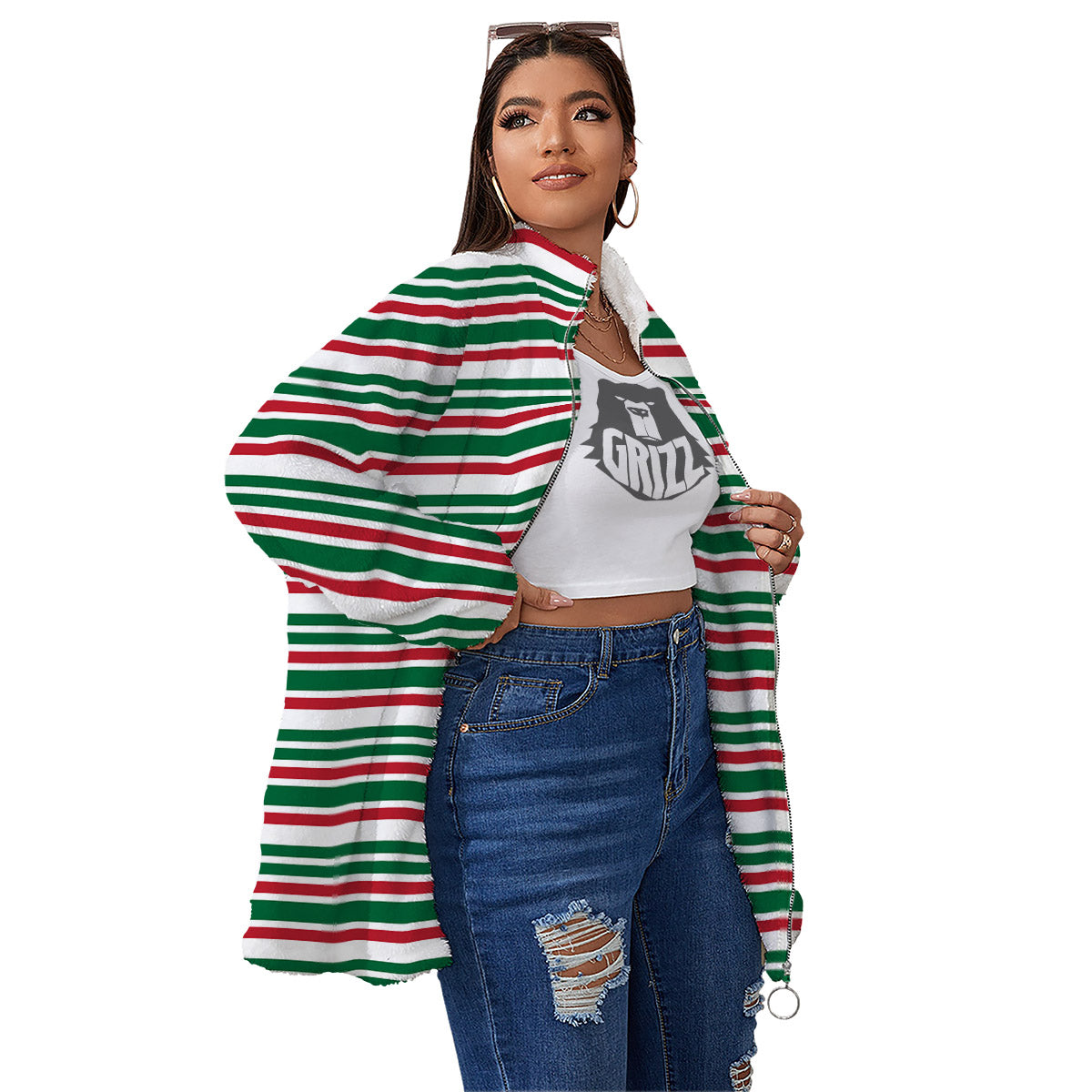 Stripe Candy Cane Print Pattern Women's Sherpa Jacket-grizzshop