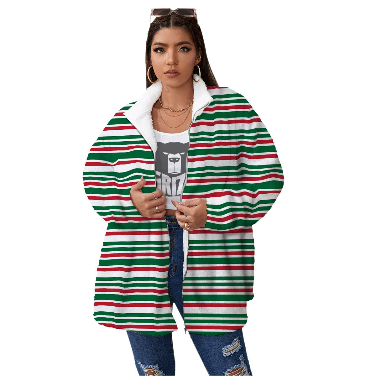 Stripe Candy Cane Print Pattern Women's Sherpa Jacket-grizzshop