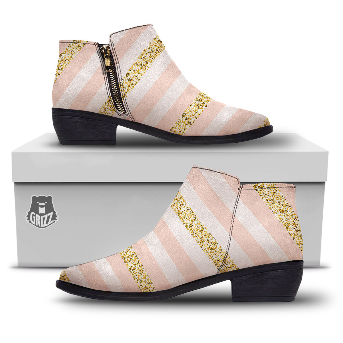 Stripe Glitter Gold Print Pattern Ankle Boots-grizzshop