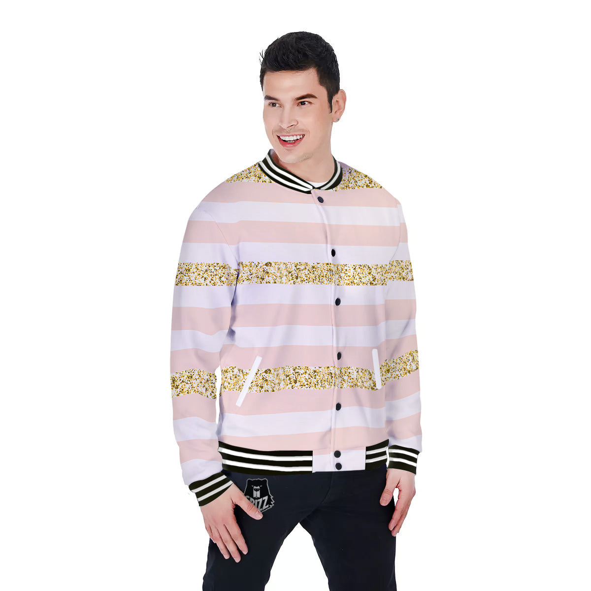 Stripe Glitter Gold Print Pattern Baseball Jacket-grizzshop