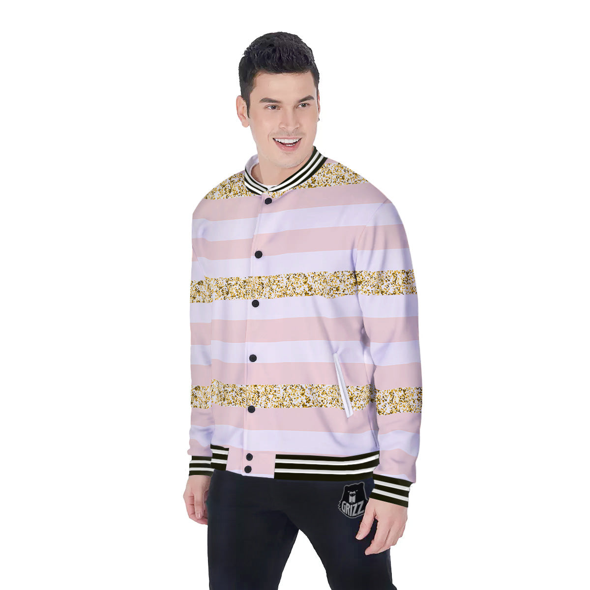 Stripe Glitter Gold Print Pattern Baseball Jacket-grizzshop