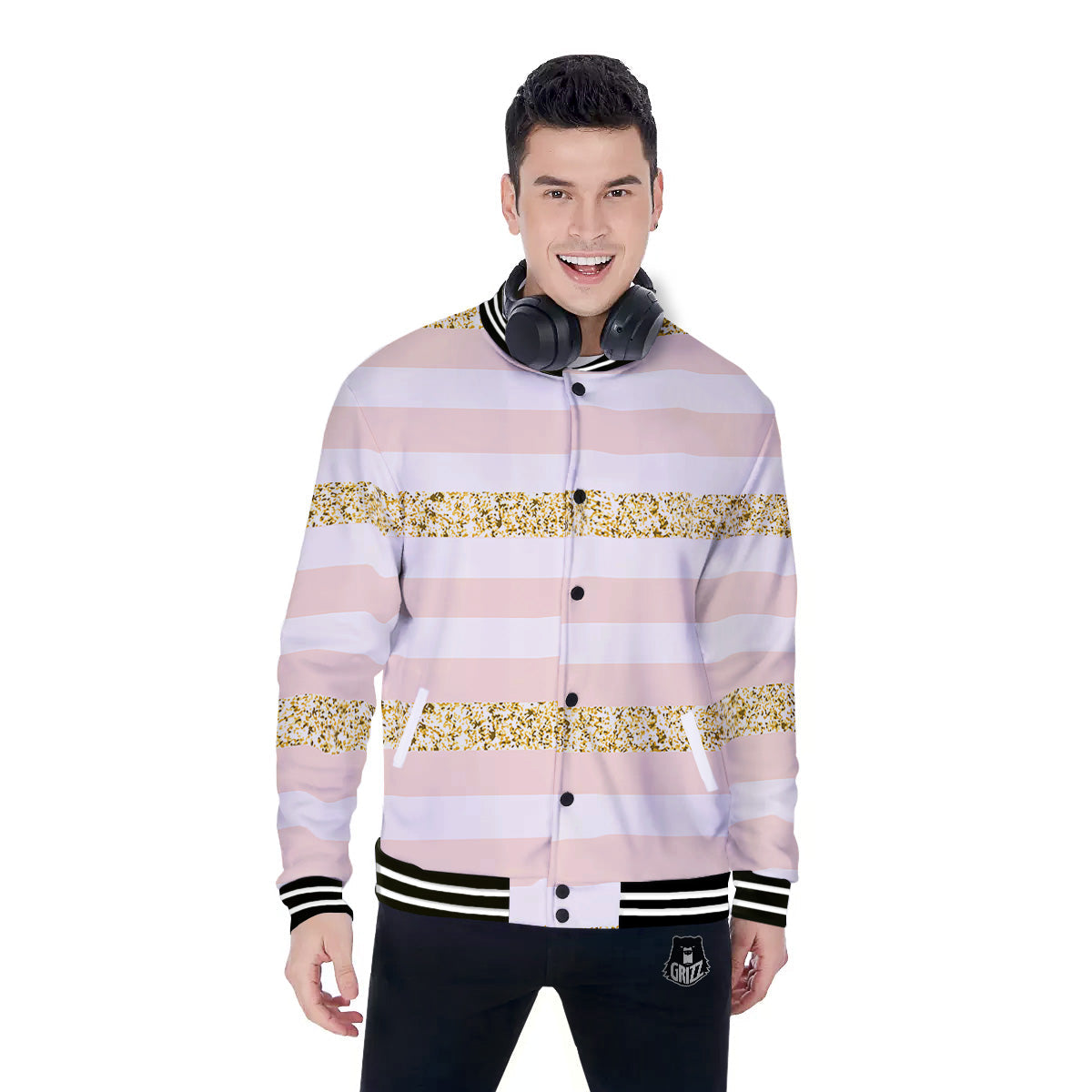 Stripe Glitter Gold Print Pattern Baseball Jacket-grizzshop