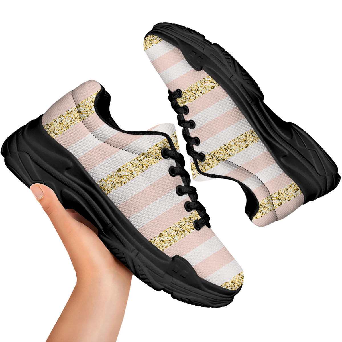 Stripe Glitter Gold Print Pattern Black Chunky Shoes-grizzshop