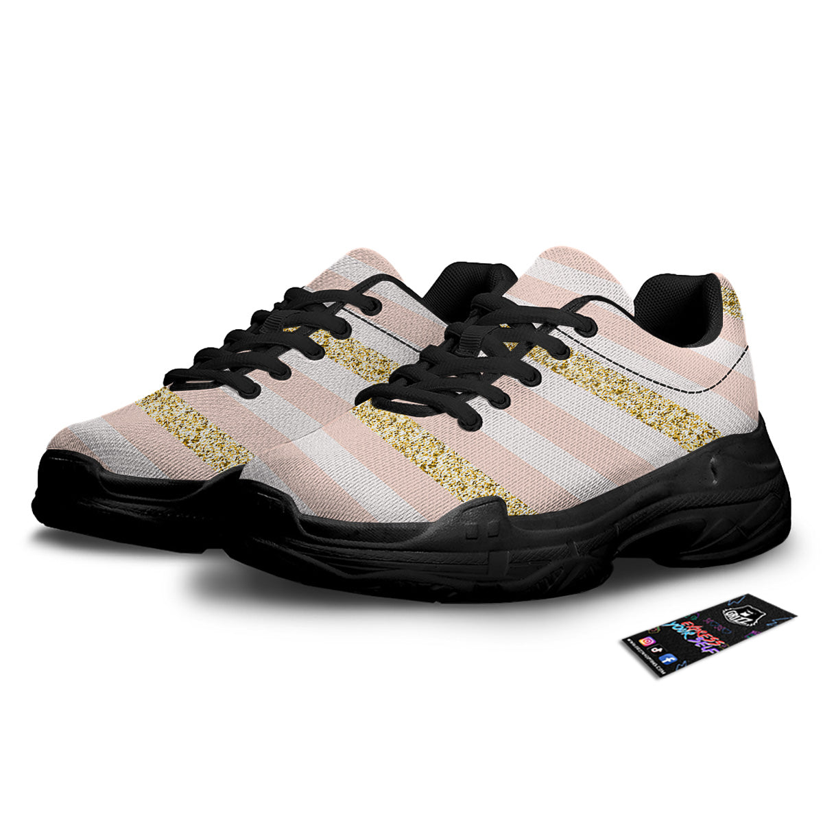 Stripe Glitter Gold Print Pattern Black Chunky Shoes-grizzshop