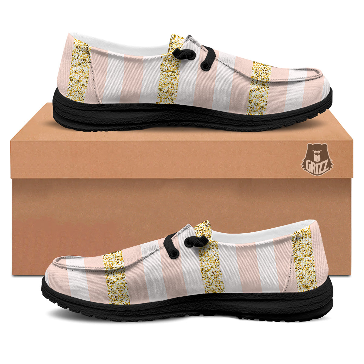 Stripe Glitter Gold Print Pattern Black Loafers-grizzshop