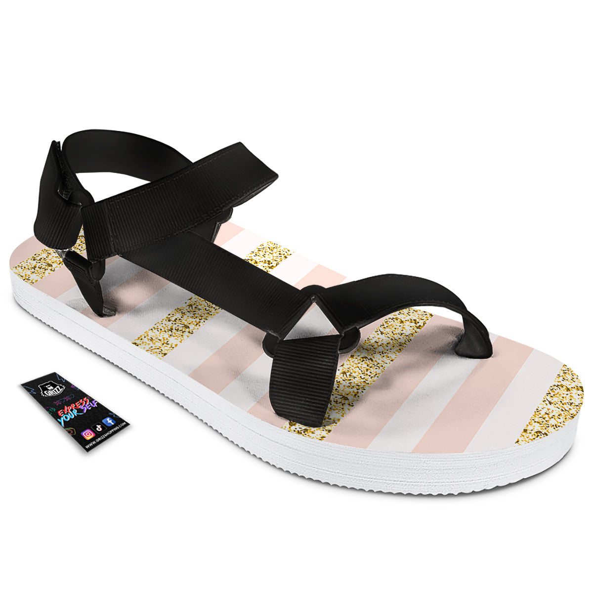 Stripe Glitter Gold Print Pattern Black Open Toe Sandals-grizzshop