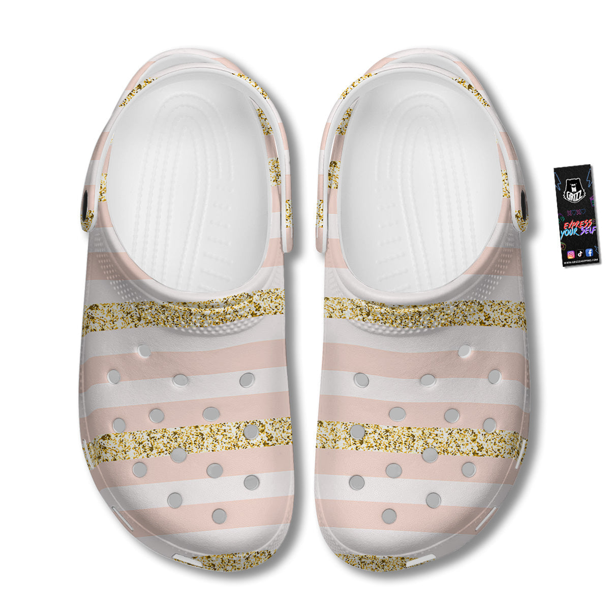 Stripe Glitter Gold Print Pattern Clog-grizzshop