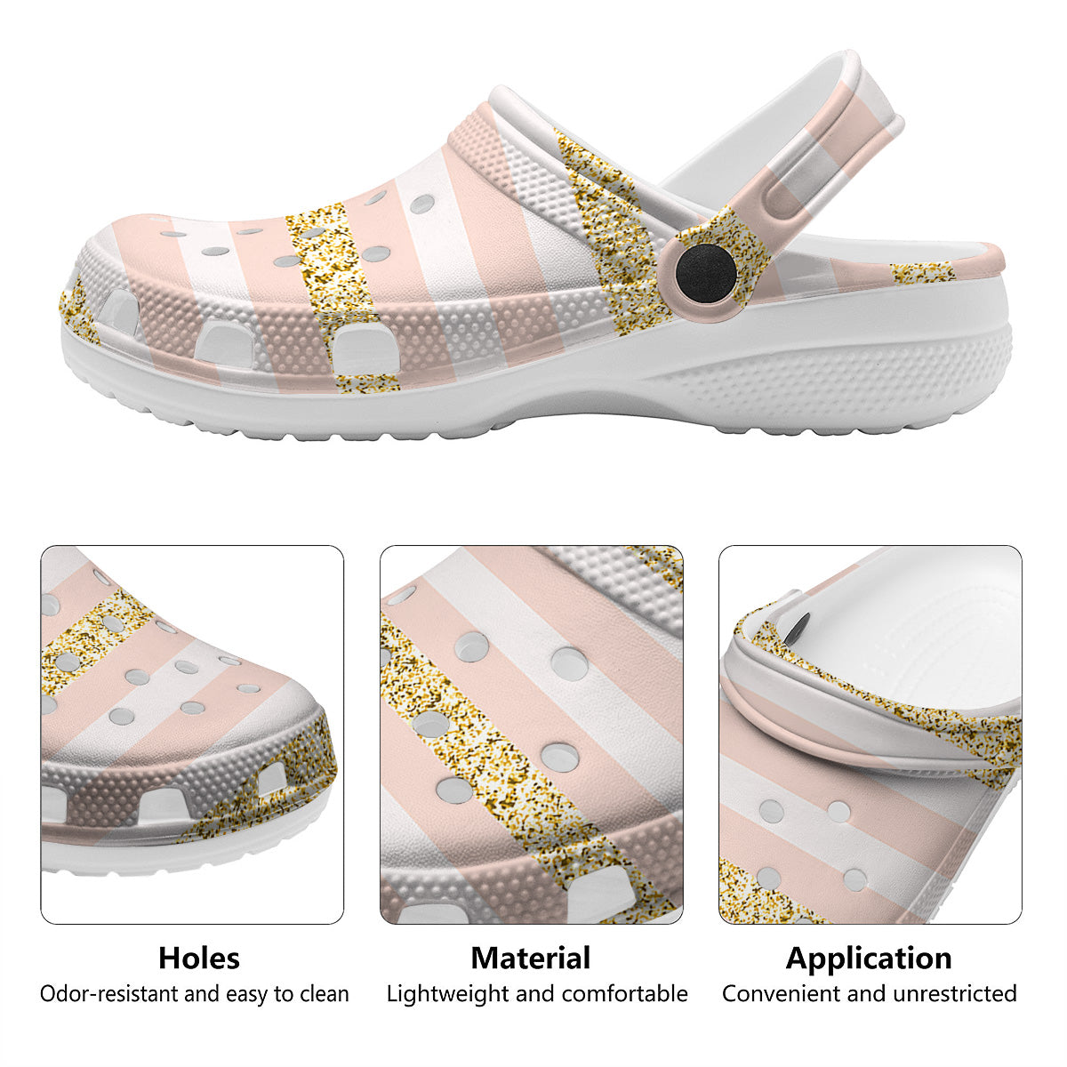 Stripe Glitter Gold Print Pattern Clog-grizzshop