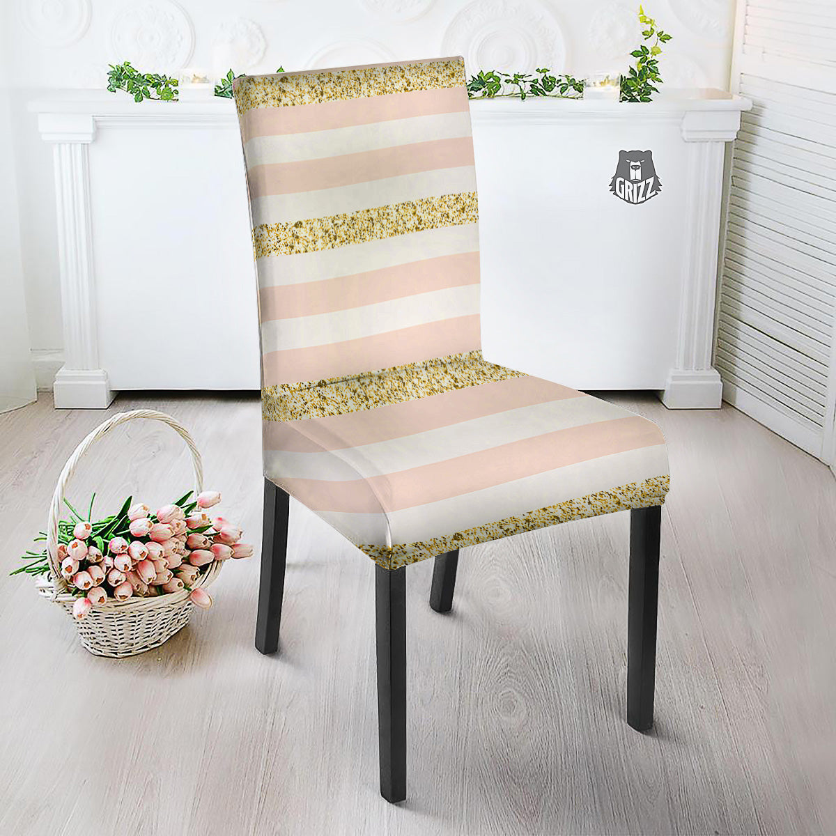 Stripe Glitter Gold Print Pattern Dining Chair Slipcover-grizzshop