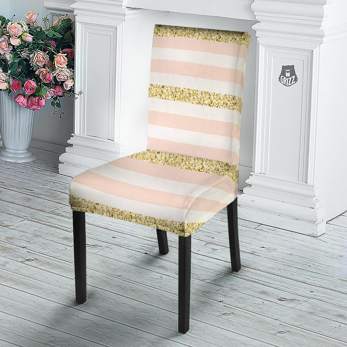 Stripe Glitter Gold Print Pattern Dining Chair Slipcover-grizzshop