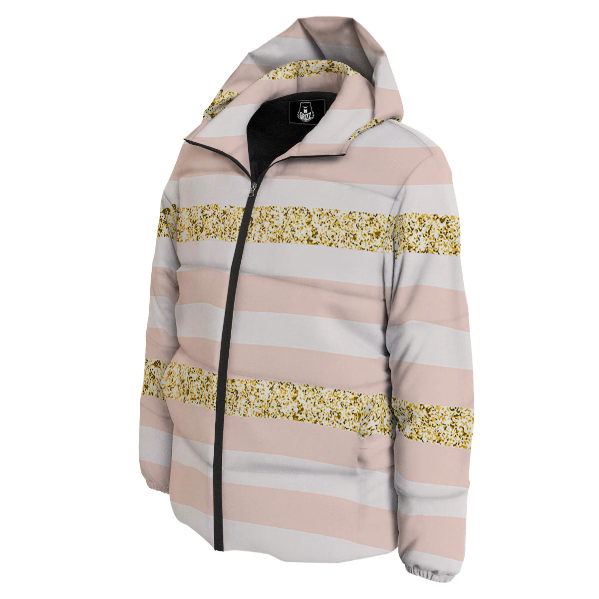 Stripe Glitter Gold Print Pattern Down Jacket-grizzshop
