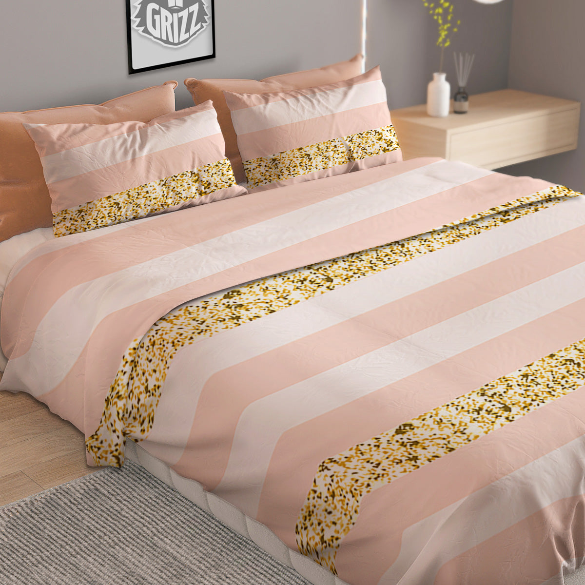 Stripe Glitter Gold Print Pattern Duvet Cover Bedding Set