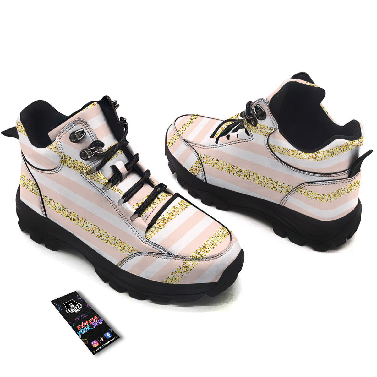 Stripe Glitter Gold Print Pattern Hiking Shoes-grizzshop