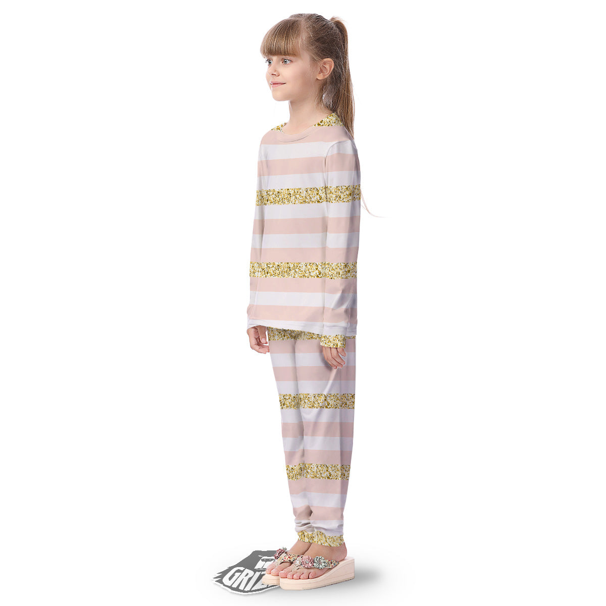 Stripe Glitter Gold Print Pattern Kid's Pajamas-grizzshop
