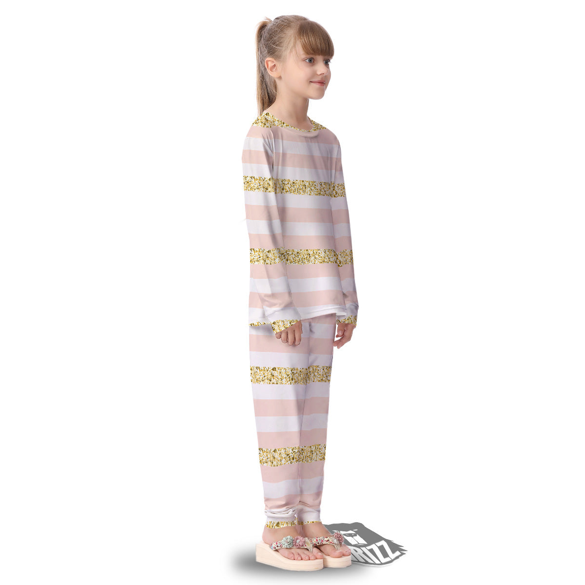 Stripe Glitter Gold Print Pattern Kid's Pajamas-grizzshop