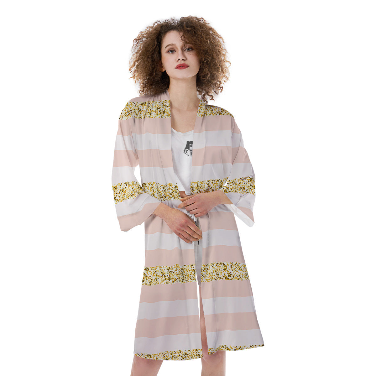 Stripe Glitter Gold Print Pattern Kimono-grizzshop