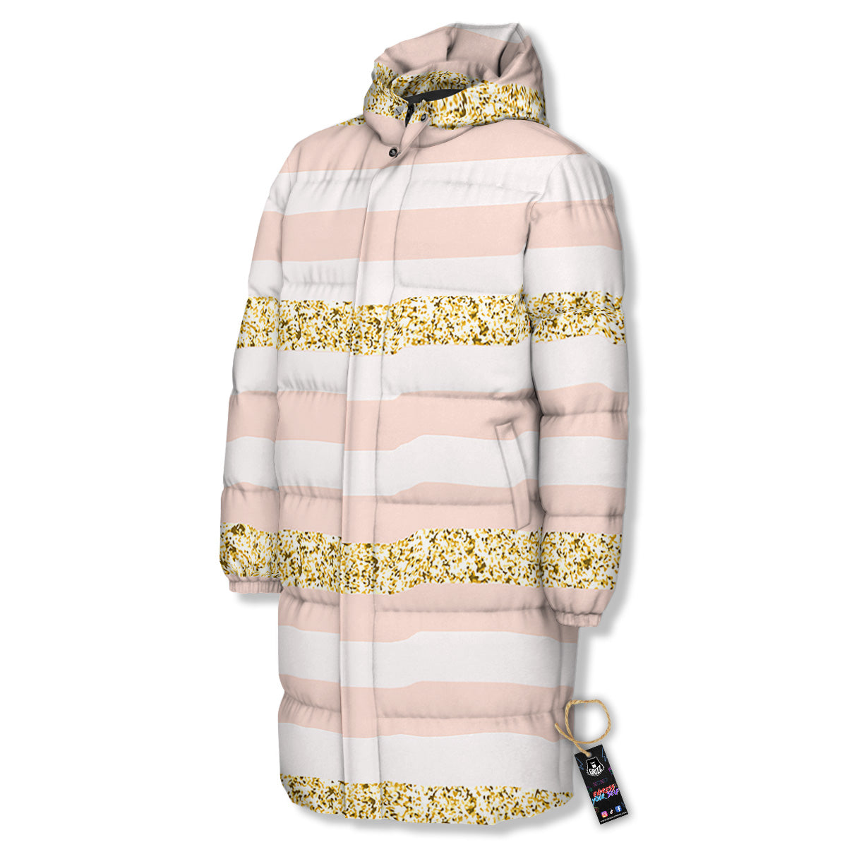 Stripe Glitter Gold Print Pattern Long Down Jacket-grizzshop