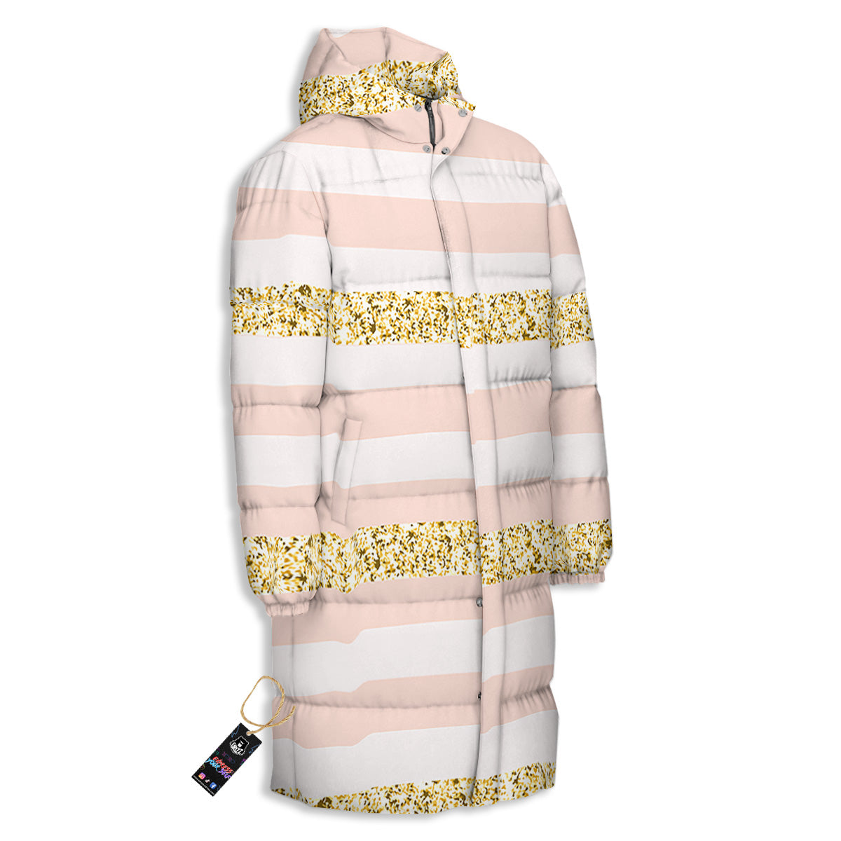 Stripe Glitter Gold Print Pattern Long Down Jacket-grizzshop