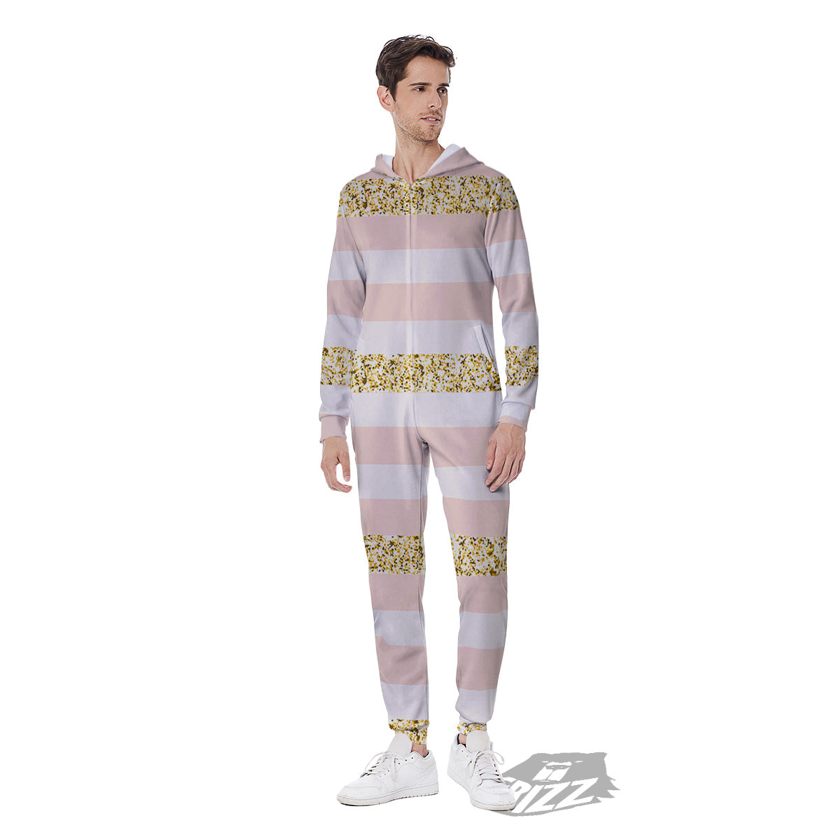 Stripe Glitter Gold Print Pattern Men's Jumpsuit-grizzshop