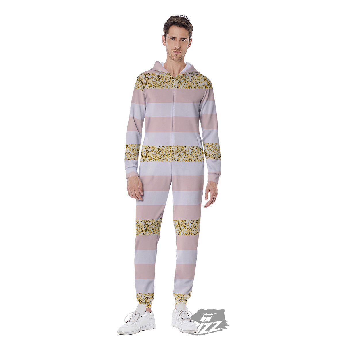 Stripe Glitter Gold Print Pattern Men's Jumpsuit-grizzshop