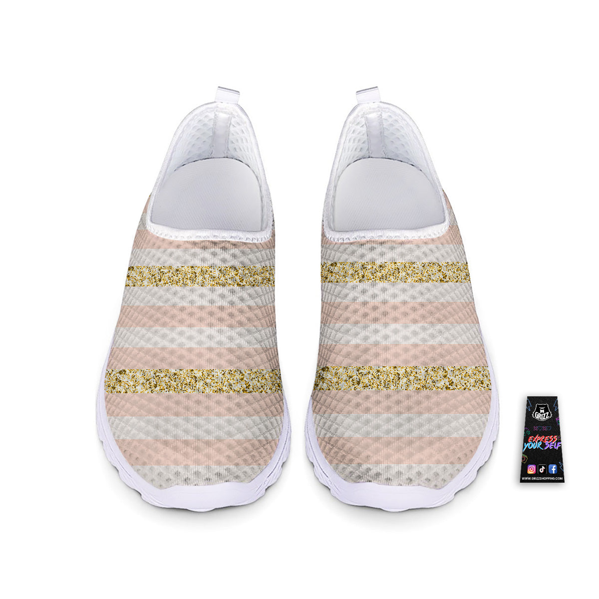 Stripe Glitter Gold Print Pattern Nurse Shoes-grizzshop
