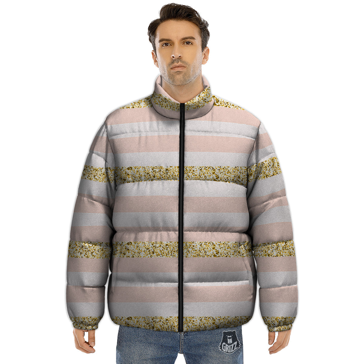 Stripe Glitter Gold Print Pattern Puffer Jacket-grizzshop