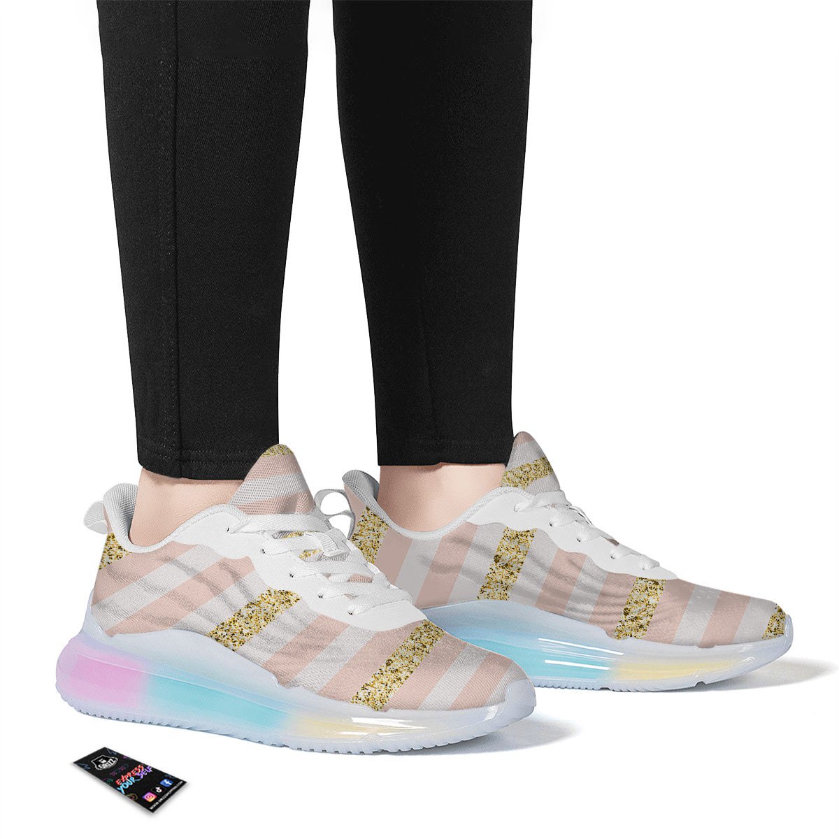 Stripe Glitter Gold Print Pattern Running Sneakers-grizzshop