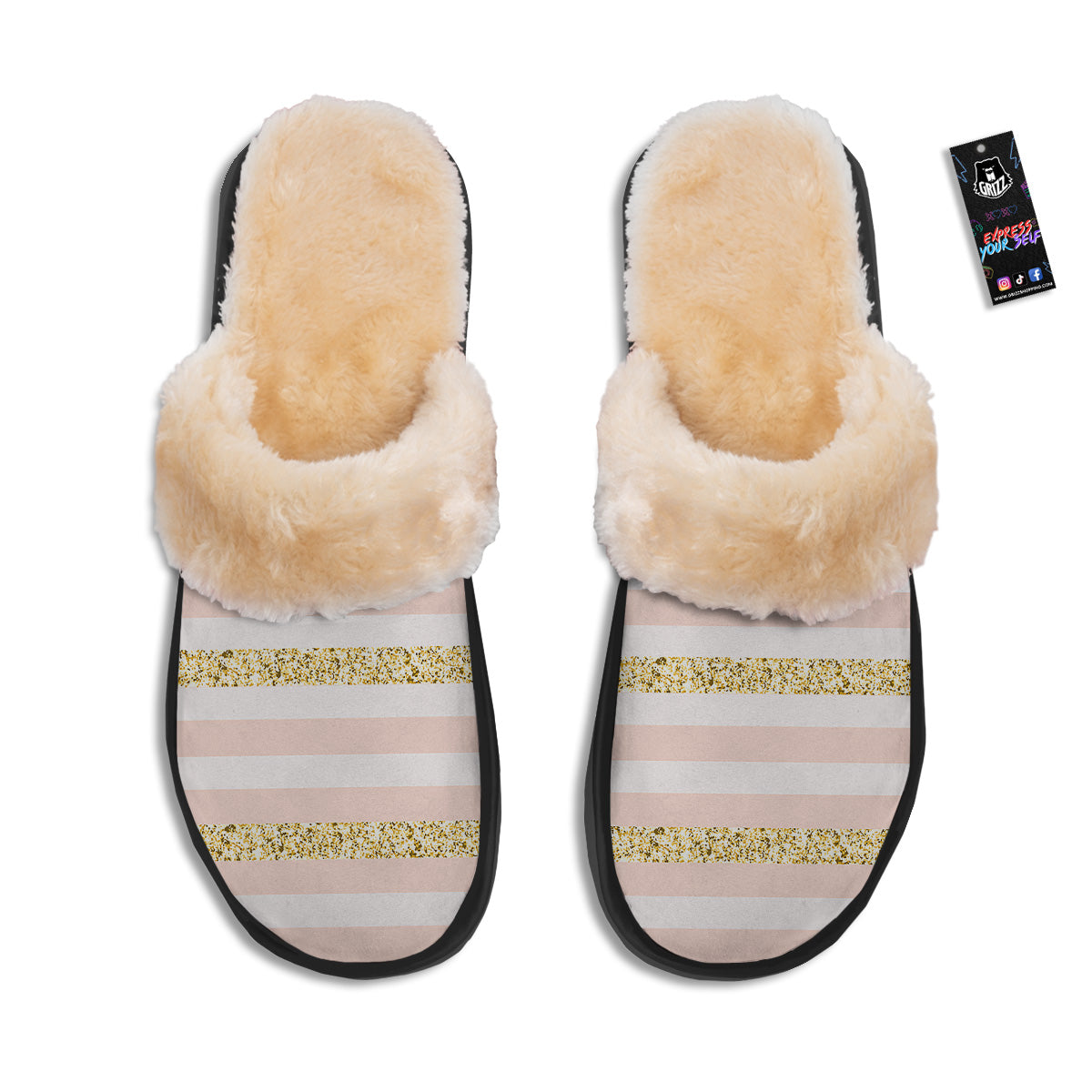 Stripe Glitter Gold Print Pattern Slippers-grizzshop