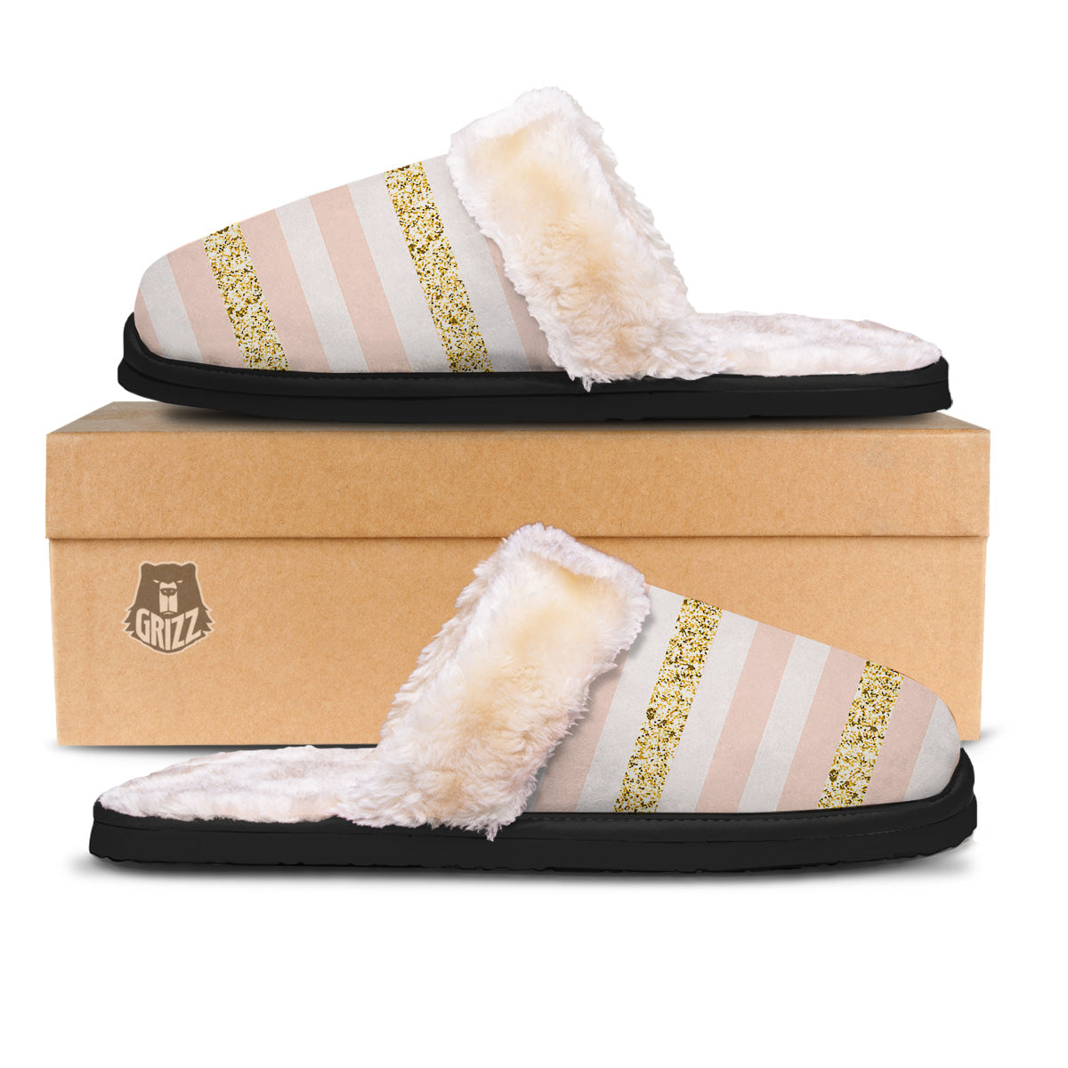 Stripe Glitter Gold Print Pattern Slippers-grizzshop