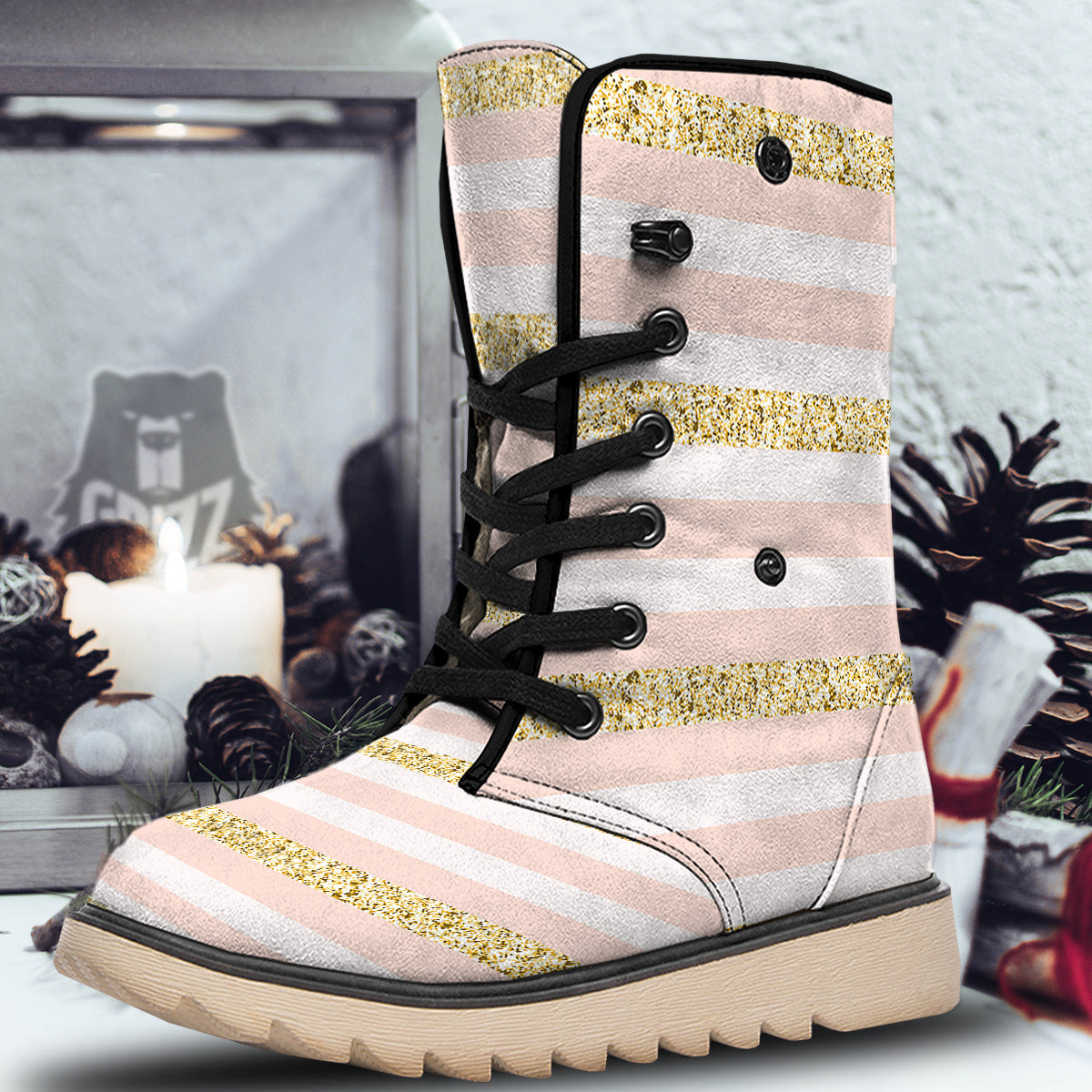 Stripe Glitter Gold Print Pattern Snow Boots-grizzshop