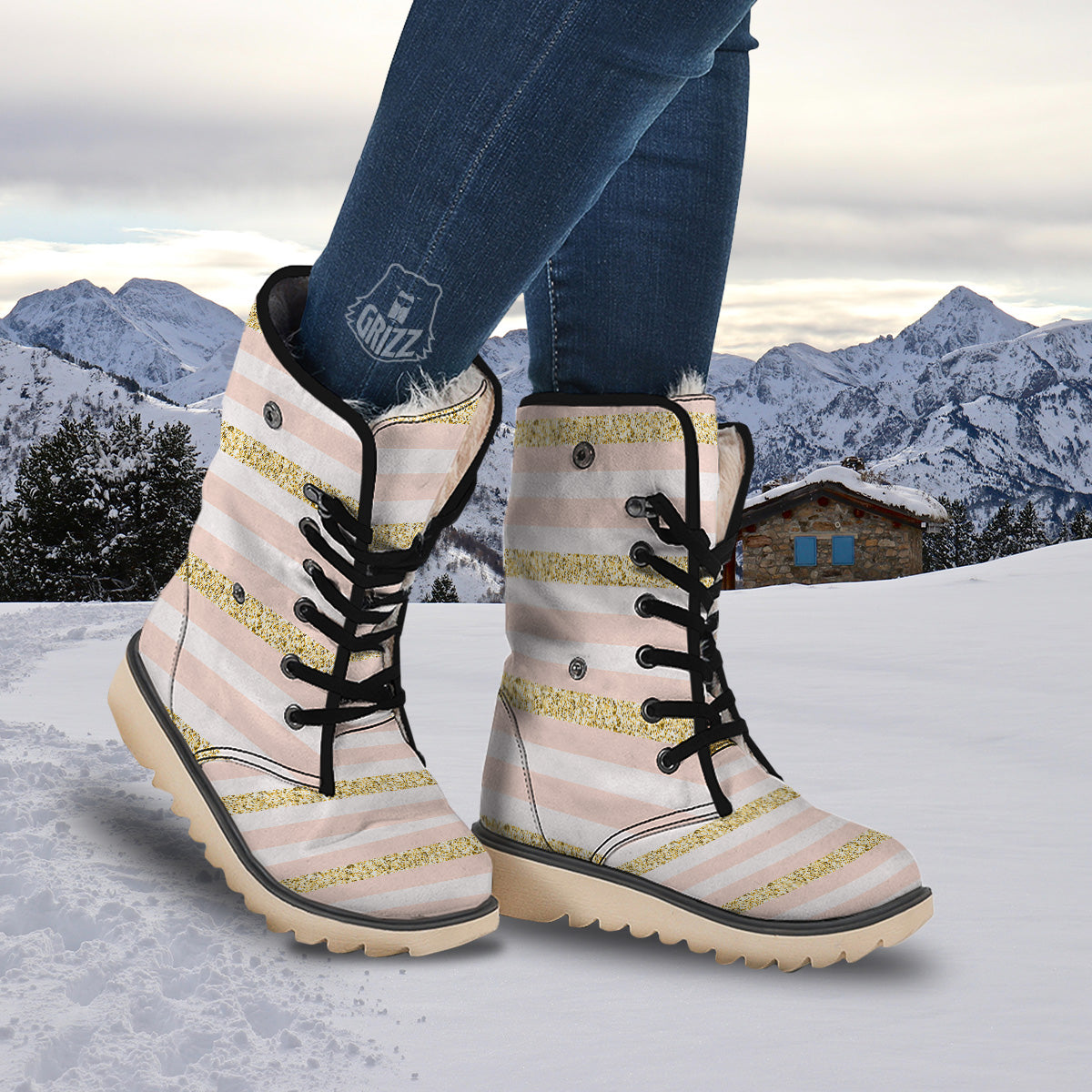 Stripe Glitter Gold Print Pattern Snow Boots-grizzshop