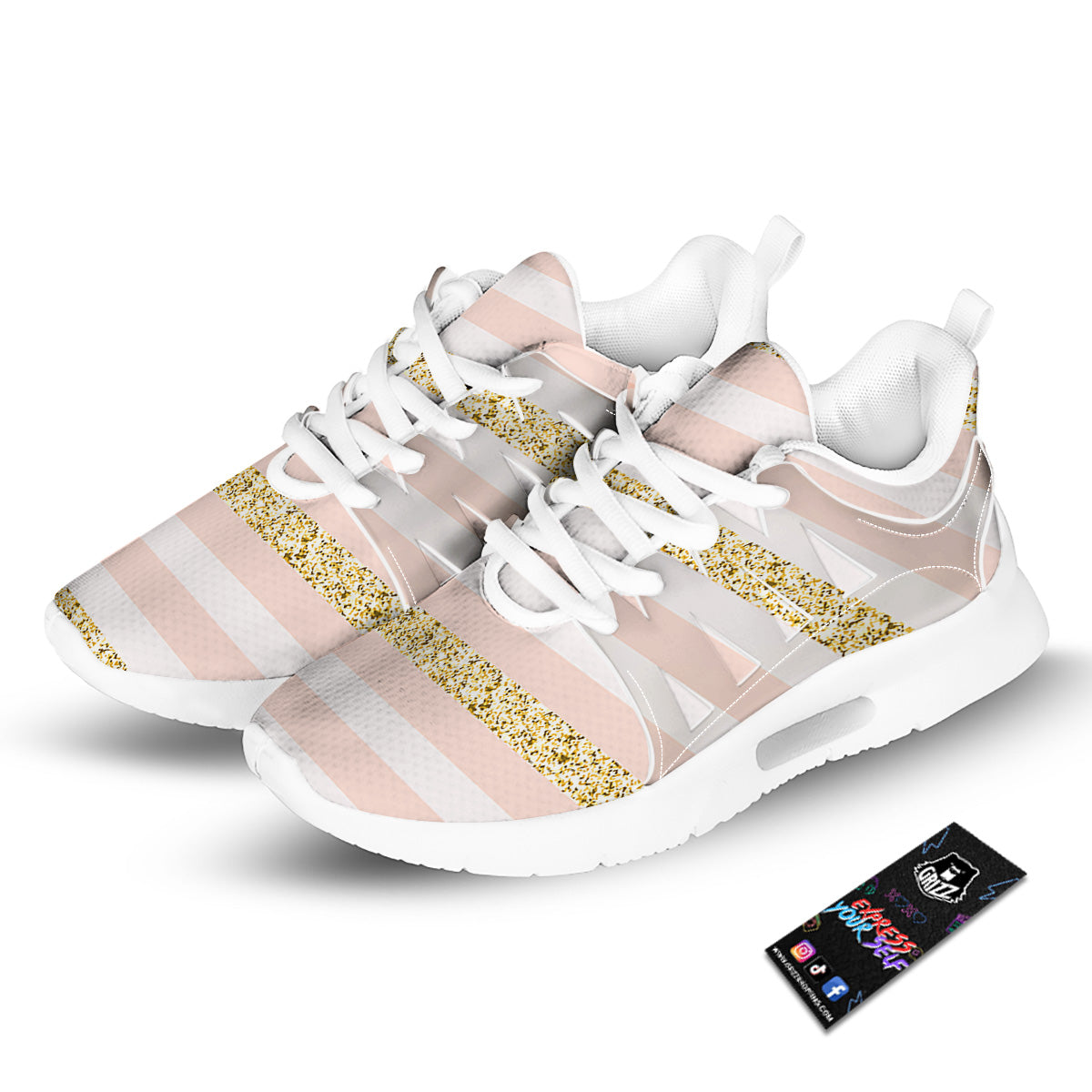 Stripe Glitter Gold Print Pattern Tennis Shoes-grizzshop