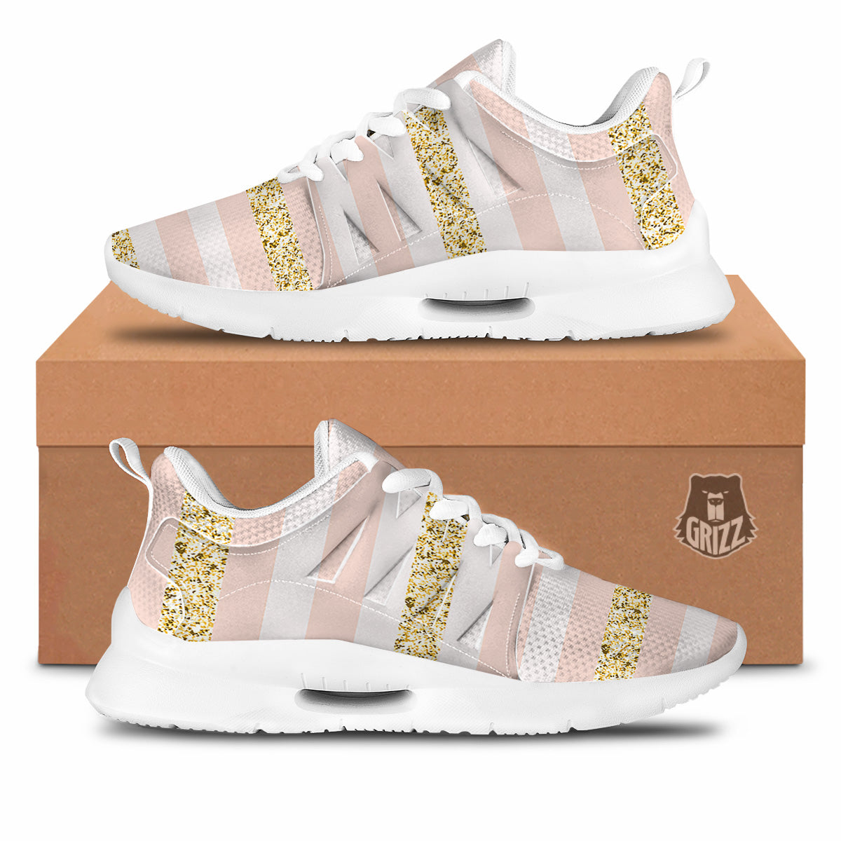 Stripe Glitter Gold Print Pattern Tennis Shoes-grizzshop