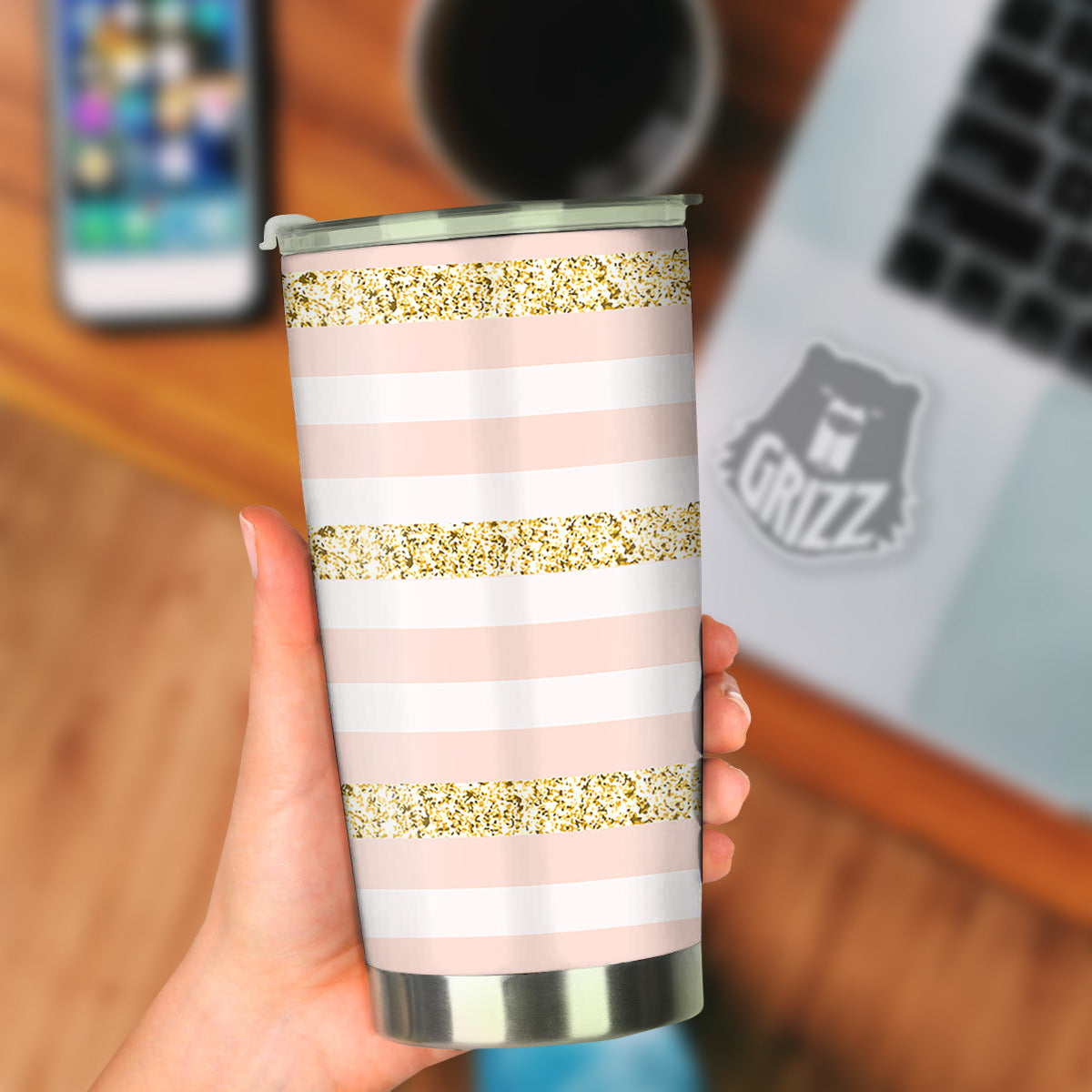 Stripe Glitter Gold Print Pattern Tumbler-grizzshop