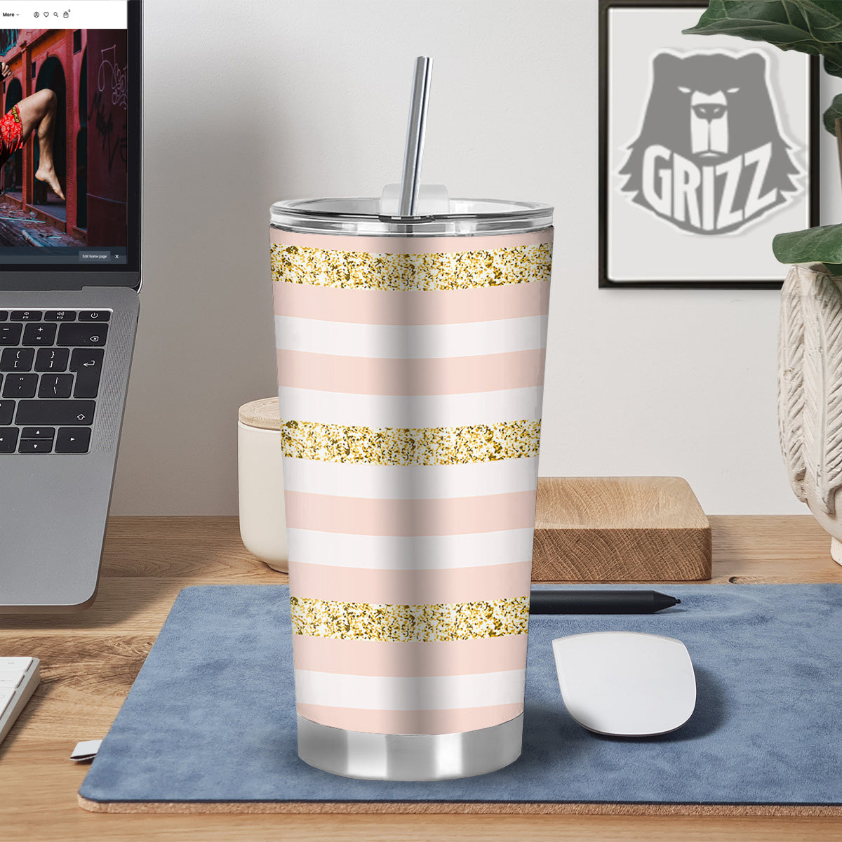 Stripe Glitter Gold Print Pattern Tumbler-grizzshop