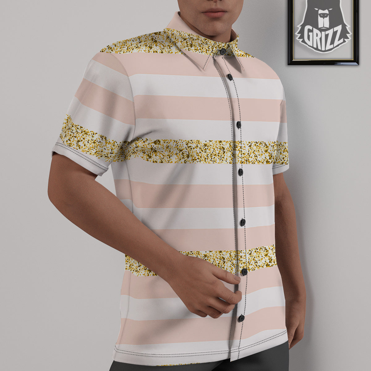 Stripe Glitter Gold Print Pattern Untucked Shirts-grizzshop