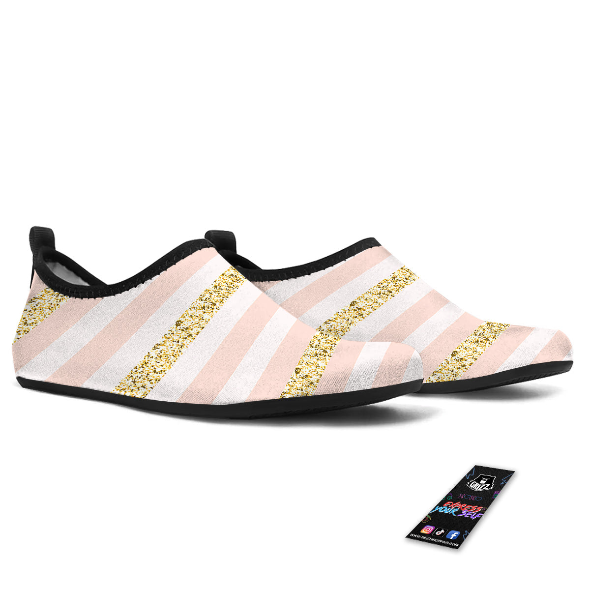 Stripe Glitter Gold Print Pattern Water Shoes-grizzshop
