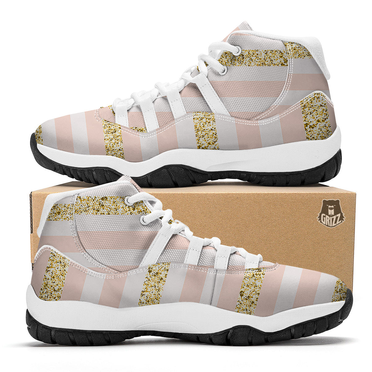 Stripe Glitter Gold Print Pattern White Bball Shoes-grizzshop