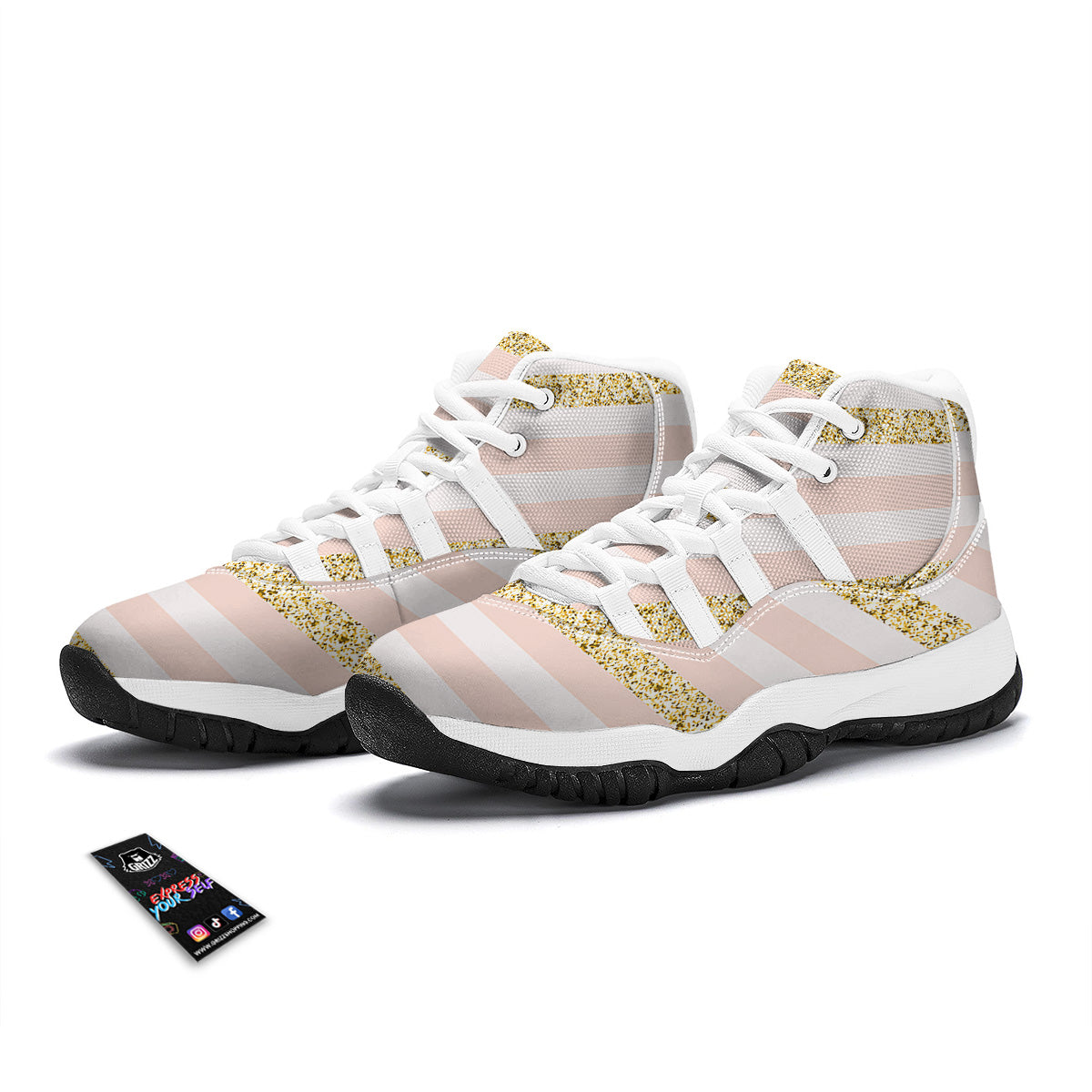 Stripe Glitter Gold Print Pattern White Bball Shoes-grizzshop
