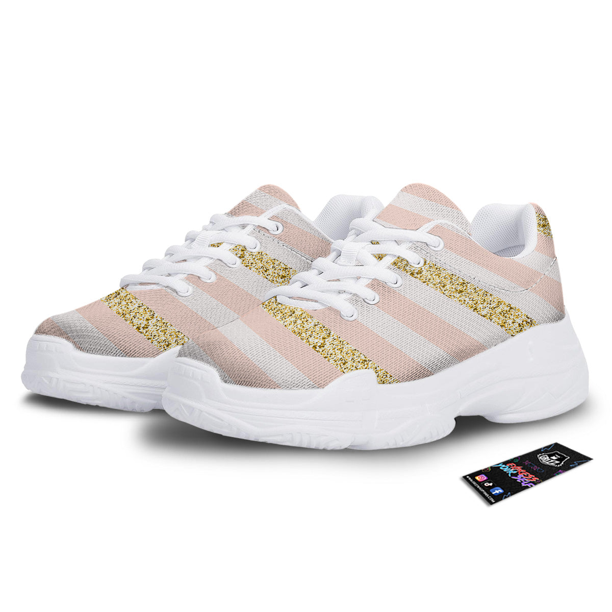 Stripe Glitter Gold Print Pattern White Chunky Shoes-grizzshop
