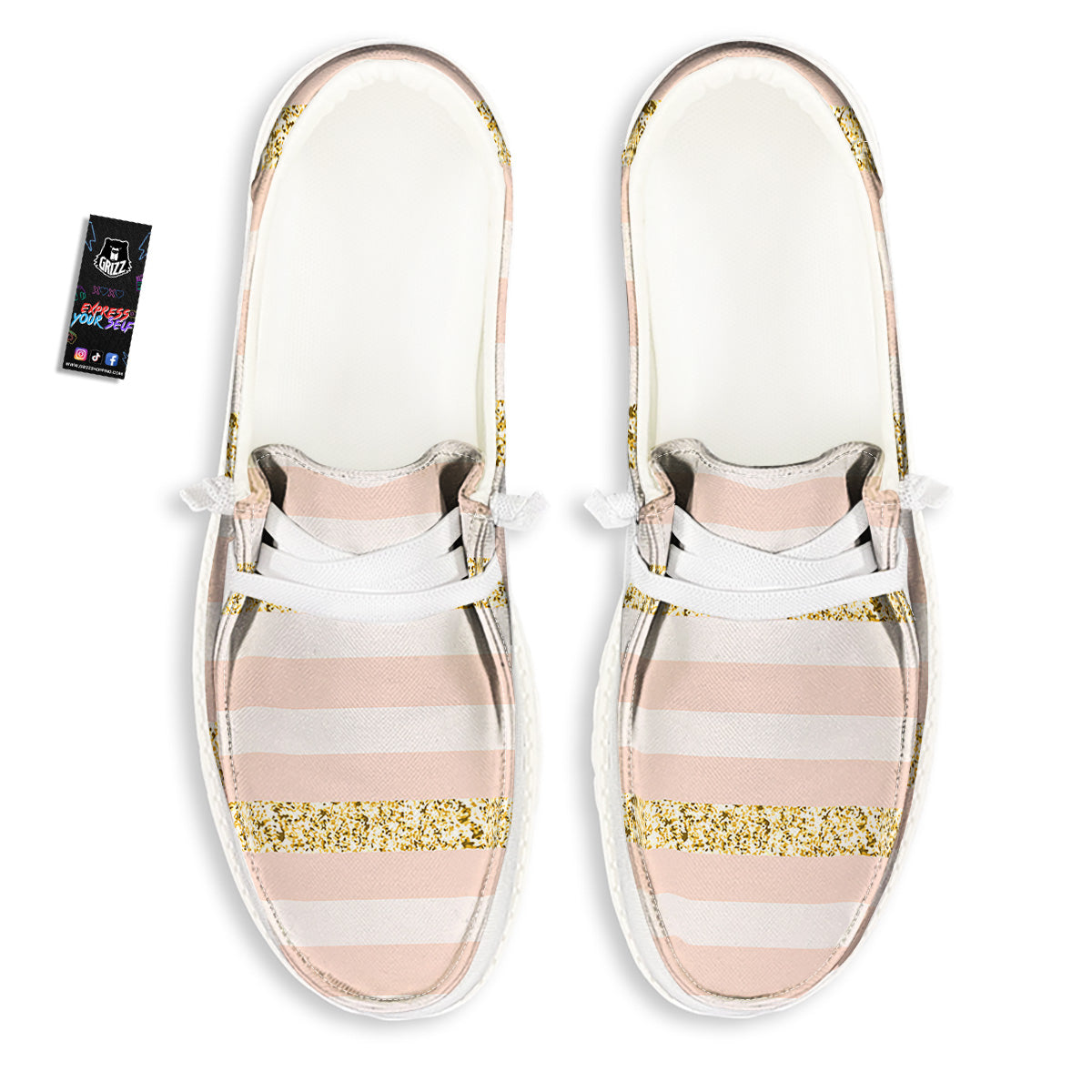 Stripe Glitter Gold Print Pattern White Loafers-grizzshop
