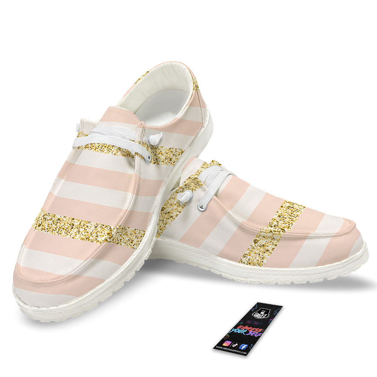 Stripe Glitter Gold Print Pattern White Loafers-grizzshop