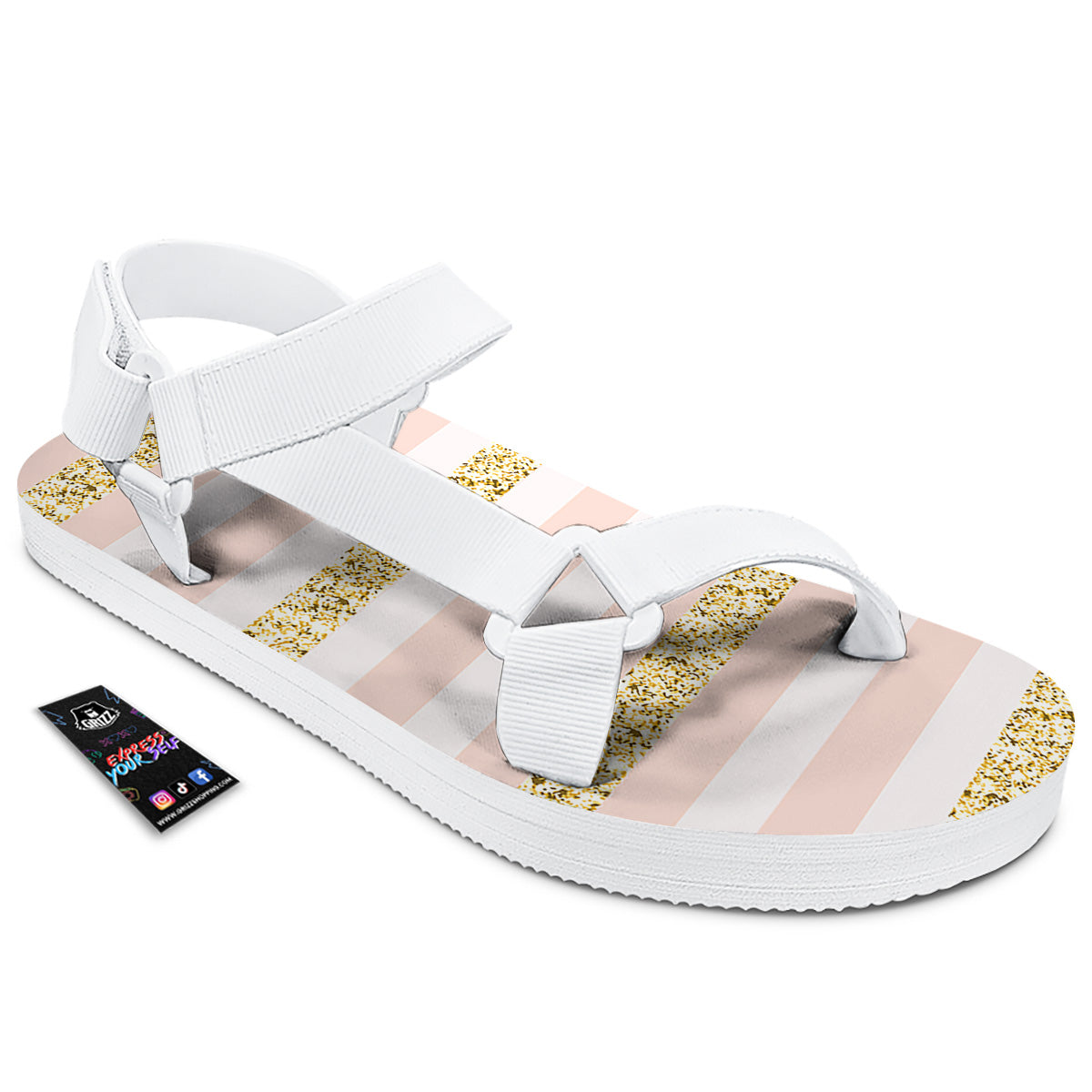 Stripe Glitter Gold Print Pattern White Open Toe Sandals-grizzshop