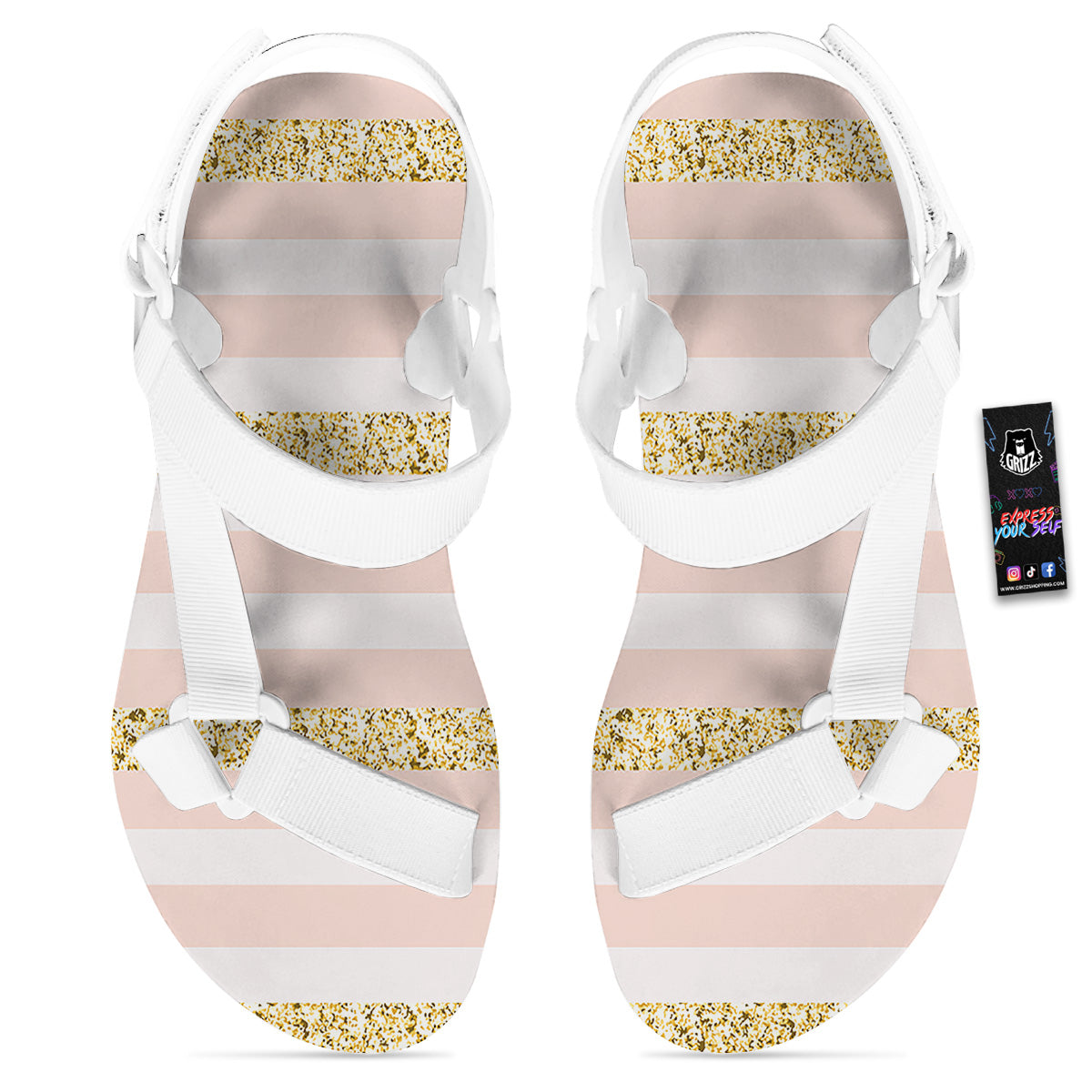 Stripe Glitter Gold Print Pattern White Open Toe Sandals-grizzshop