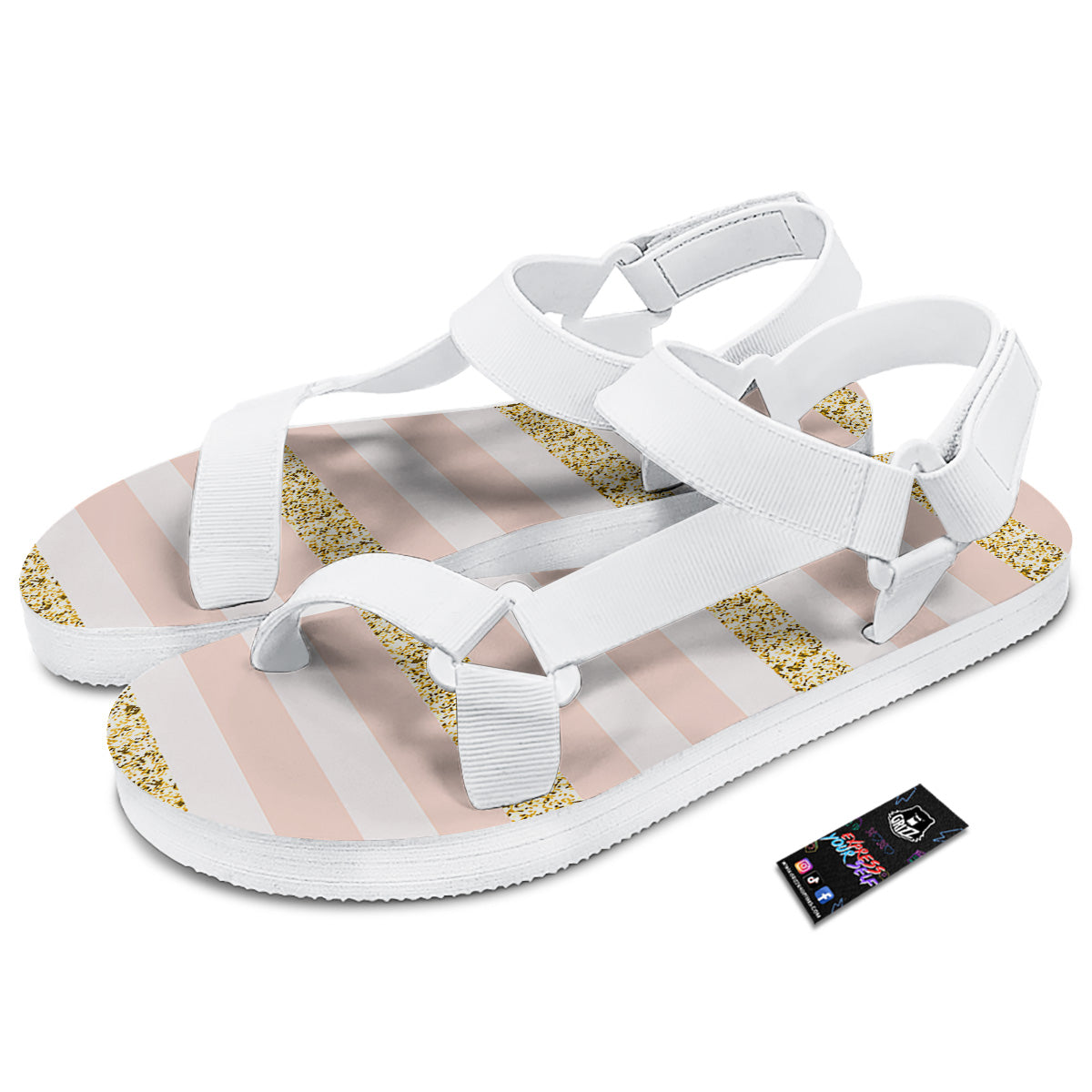 Stripe Glitter Gold Print Pattern White Open Toe Sandals-grizzshop
