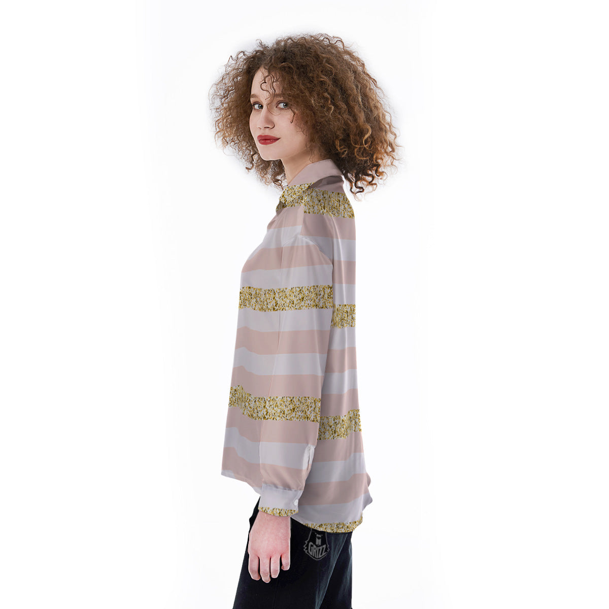 Stripe Glitter Gold Print Pattern Women's Long Sleeve Shirts-grizzshop