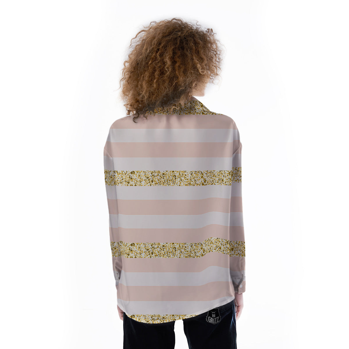 Stripe Glitter Gold Print Pattern Women's Long Sleeve Shirts-grizzshop