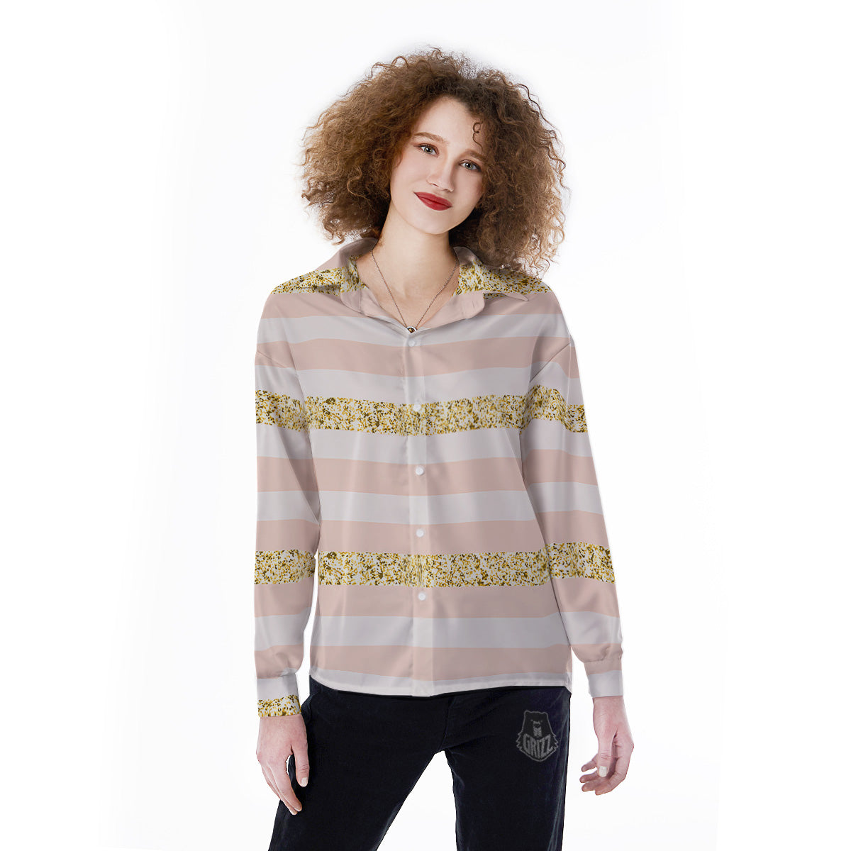 Stripe Glitter Gold Print Pattern Women's Long Sleeve Shirts-grizzshop