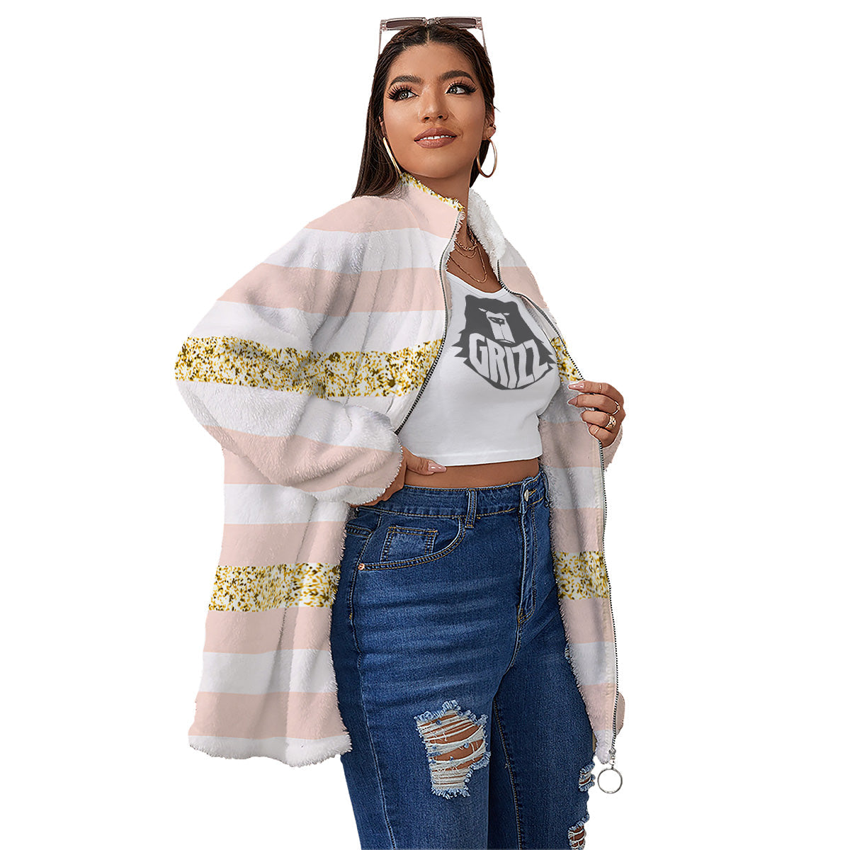 Stripe Glitter Gold Print Pattern Women's Sherpa Jacket-grizzshop